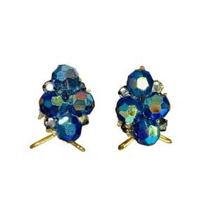 Wingback Earrings Blue Aurora Borealis Crystal Cluster Goldtone Pierced 1 Inch